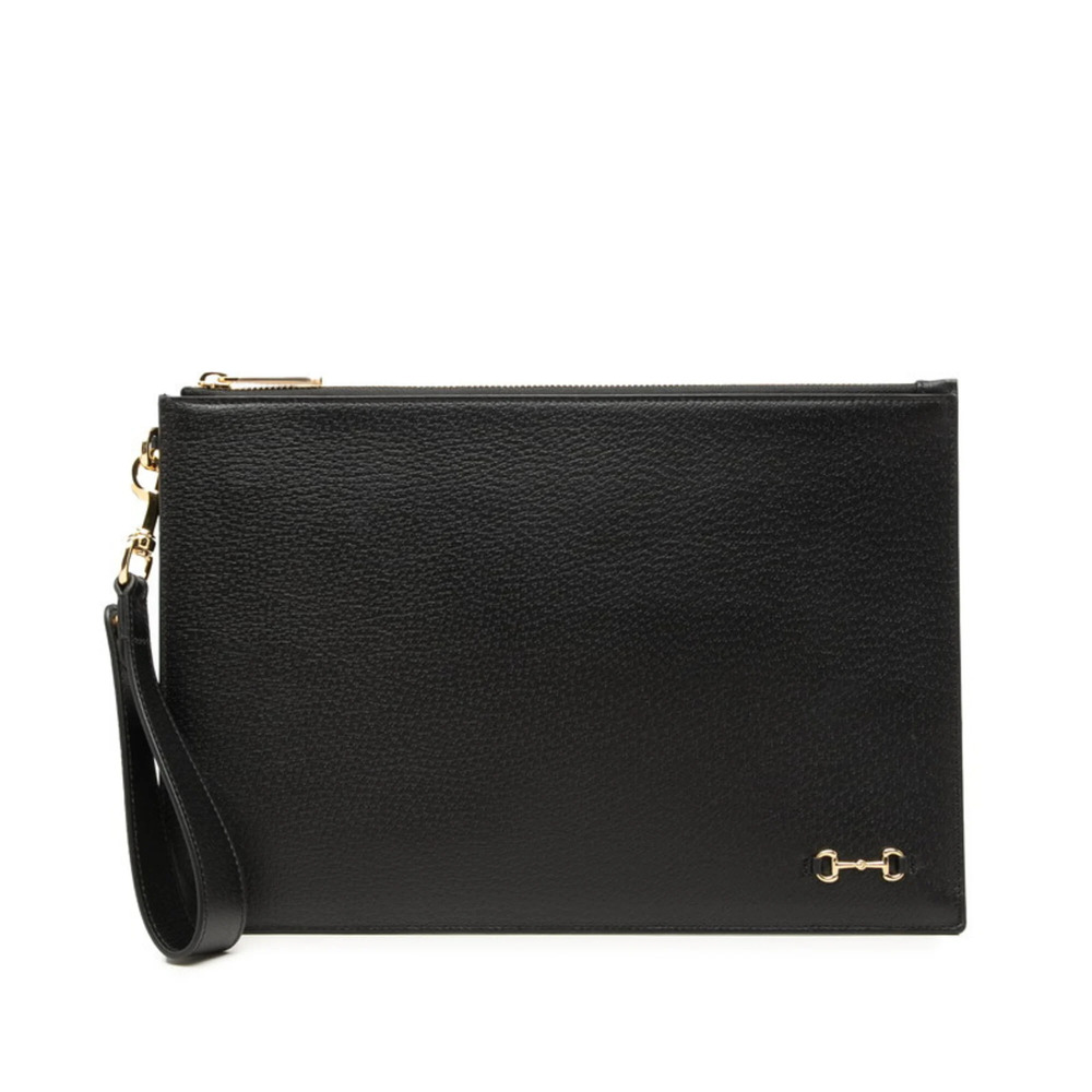 Gucci Horsebit Clutch Bag, Second 700524, Black Gold Leather, Women's, GUCCI